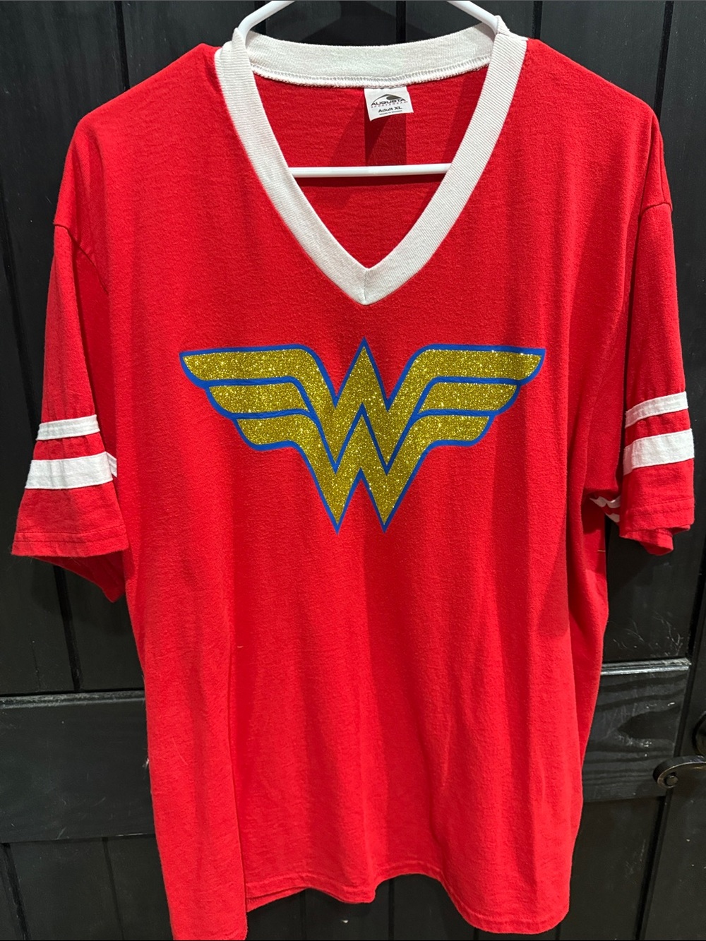 Wonder Woman Red V-Neck Short Sleeve Tee with Glitter Logo